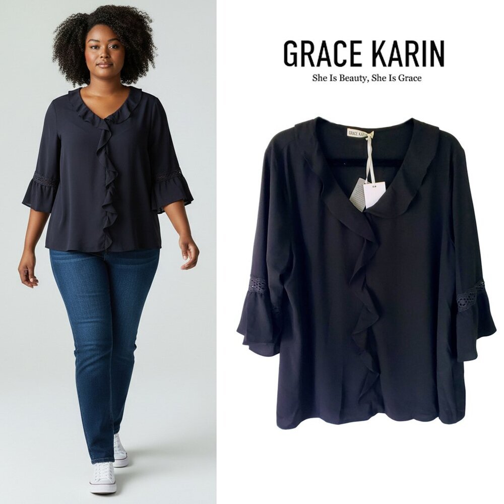 NWT GRACE KARIN Ruffle Front Lace Detail Tulip 3/4 Sleeve Top Plus Size 2XL